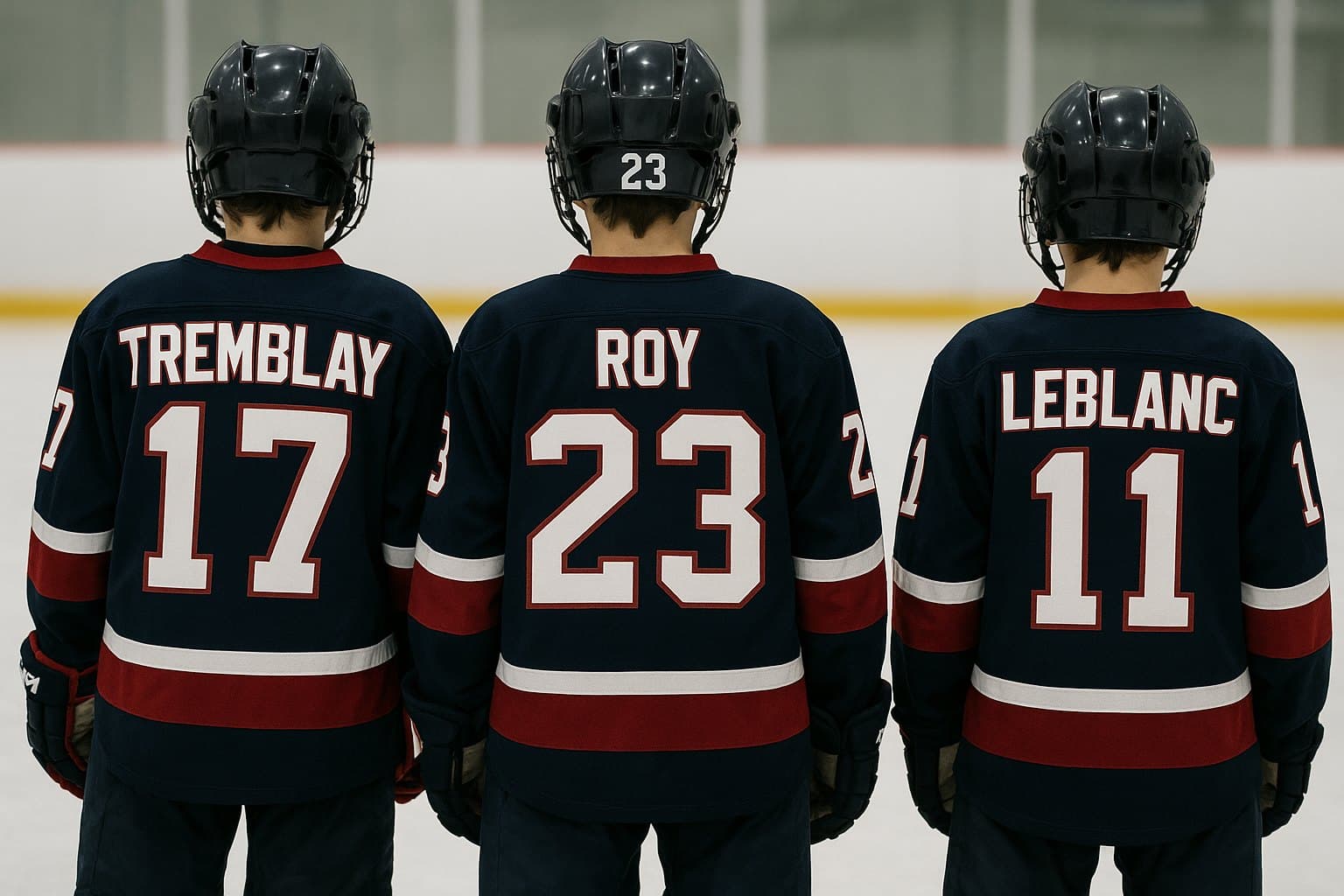 The backs of three hockey jerseys on the ice — TREMBLAY 17, ROY 23 and LEBLANC 11 — each with an arched name above a large number in outlined block lettering.